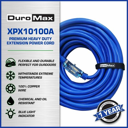 Duromax Indoor/Outdoor Extension Power Cord, SJEOOW Extreme Weather, 10 ga, Lighted, Single Tap, 100 FT XPX10100A